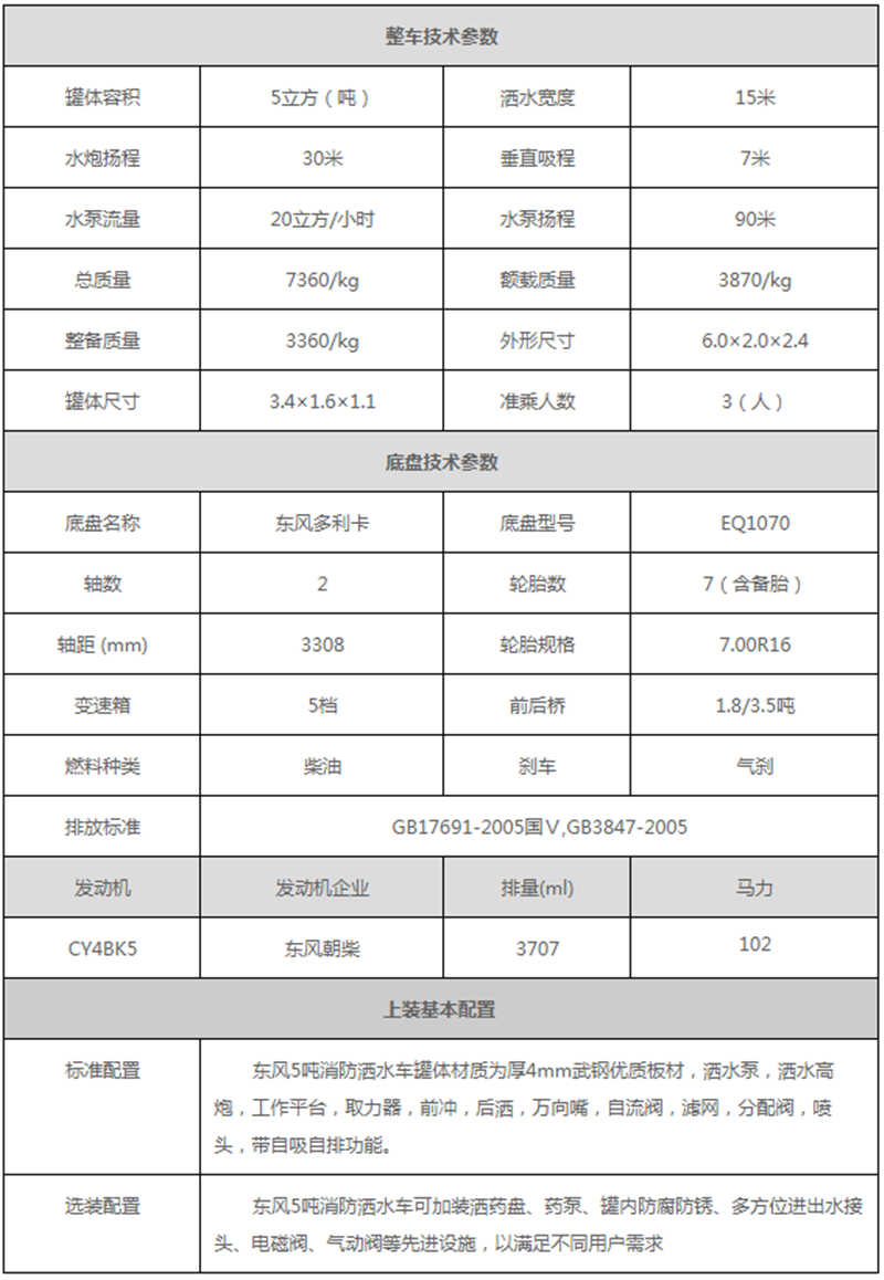 東風(fēng)5噸消防灑水車(chē)參數(shù)