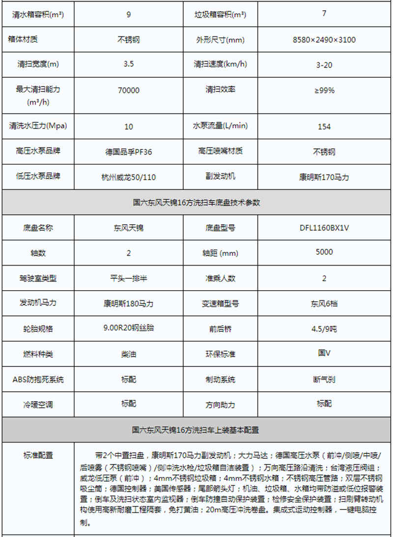 國(guó)六天錦洗掃車(chē)參數(shù)
